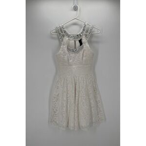 White Floral‎ Lace Halter Mini Dress Rhinestone Beaded Neck Skater